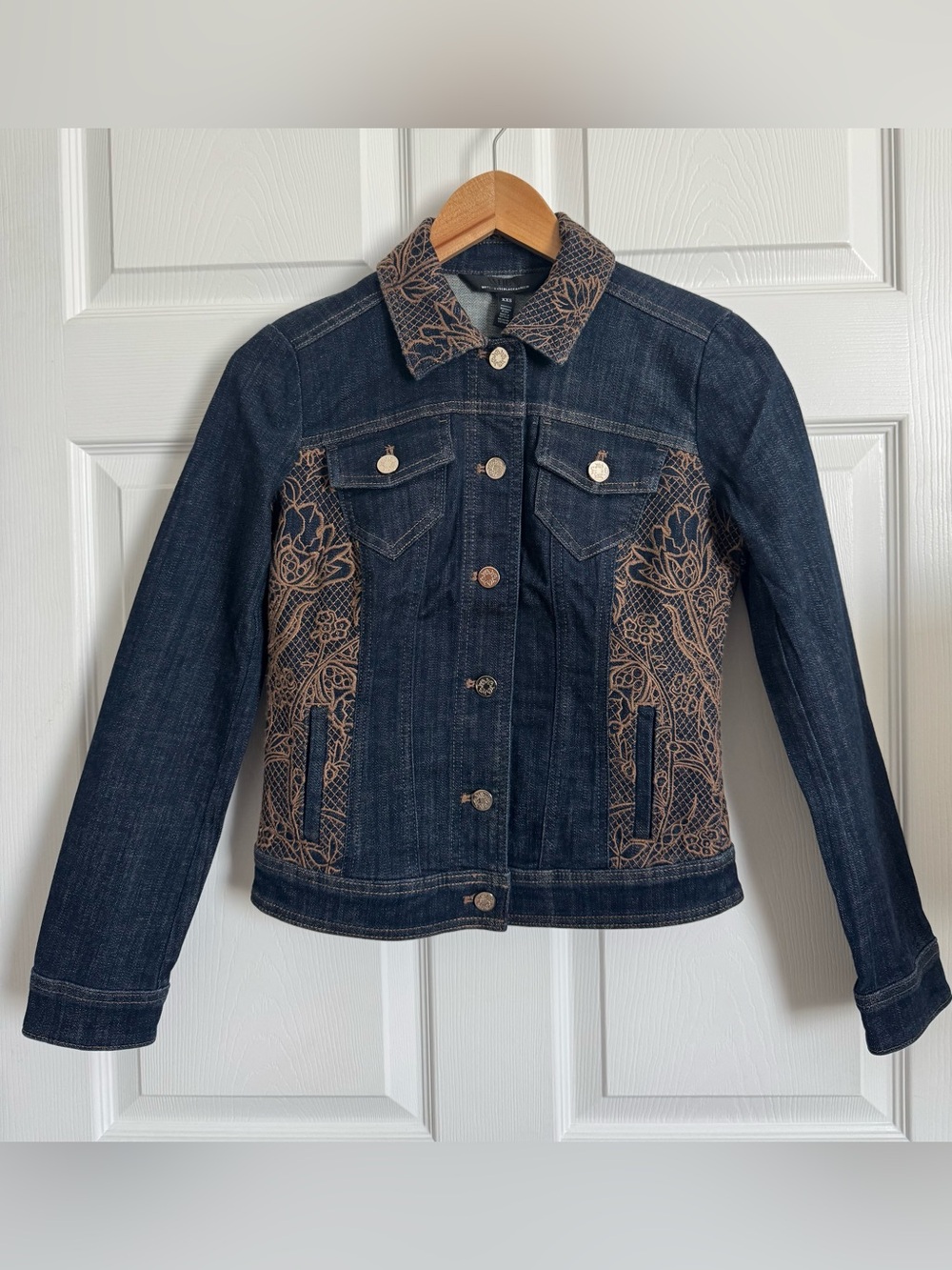 White House Black Market Dark Blue Denim Jacket with Tan Floral Embroidery